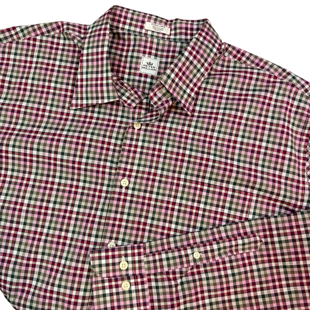 PETER MILLAR Cotton Long Sleeve Button Up Maroon Pink Gingham Check Size XL